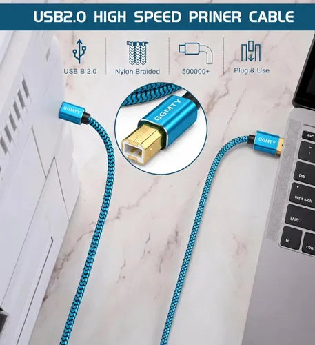 Vista 5 de Cable de impresora USB de 6 pies, cable USB 2.0 trenzado de nailon tipo A a B macho con conectores chapados en oro, cable escáner de transferencia
