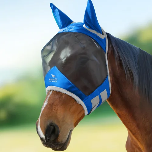 Vista 22 de Harrison Howard Máscara de mosca de caballo luminosa profesional estándar con orejas protección UV para caballo, azul y plateado, pequeño poni