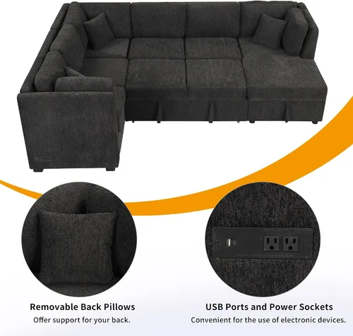 Vista 5 de LUMISOL Sofá seccional grande en forma de U para sala de estar, sofá cama extraíble con 2 puertos USB y 2 enchufes de corriente, sofá cama moderno