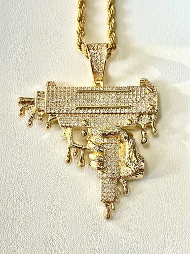 Vista 5 de Shop-iGold Custom Drip Gun Hombres Mujeres 925 Italia Oro Acabado Iced Charm Ice Out Colgante Acero Inoxidable Real 0.118in Cadena de cuerda, Mans