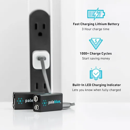 Vista 2 de Pale Blue - Baterías inteligentes recargables de 9 V con cargador USB, iones de litio de 9 voltios y 500 mAh, se cargan menos de 3 horas, más