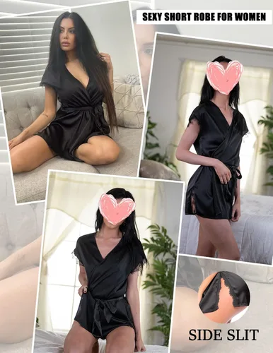 Vista 2 de Avidlove - Bata para mujer satinada con detalles de encaje, con lazos interiores, tipo kimono