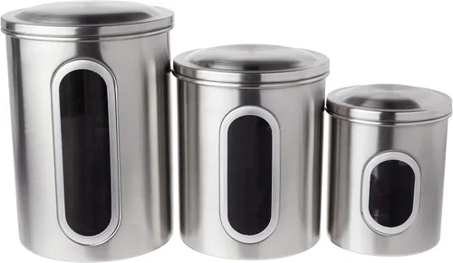 Vista 2 de Fox Run Juego de recipientes de acero inoxidable para encimera de cocina, juego de 3 piezas para azúcar, harina, café y más