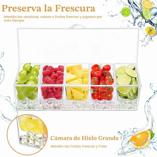 Vista 4 de Servidor de condimentos de 5 compartimentos con tapa, bandeja de Bandeja transparente para servir condimentos en recipientes de hielo con 5