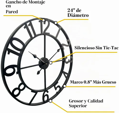Vista 2 de CLXEAST Relojes de pared de 24 pulgadas para decoración de sala de estar, reloj de pared grande de metal negro que funciona con pilas Número arábigo