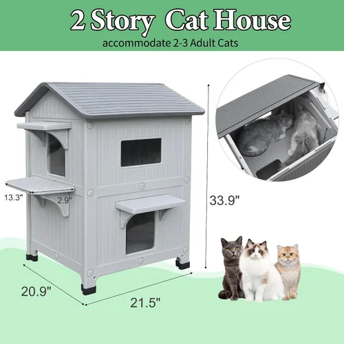 Vista 6 de Casa para gatos al aire libre, resistente a la intemperie, casas de plástico para gatos con puerta de escape, 2 pisos para interiores, impermeable