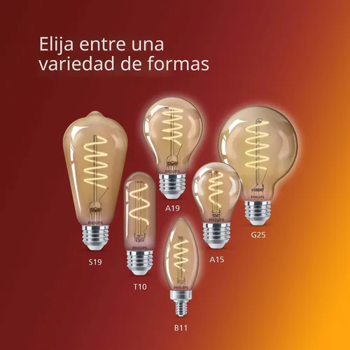 Vista 11 de PHILIPS LED 60 W A19 Vintage Edison Espiral Amber, 1 paquete 400 lúmenes, regulable, luz sin parpadeo, EyeComfort, hasta 15000 horas de vida útil