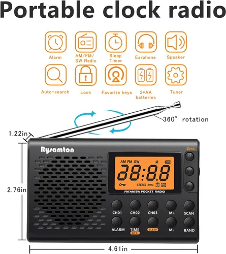 Vista 2 de Radio portátil AM/FM/onda corta, radios de bolsillo con pilas, pantalla digital grande, radio reloj con alarma y función de sueño, auriculares