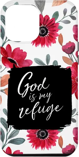 Vista 26 de God is My Refuge - Carcasa para iPhone 16, diseño de flores rojas con versículo bíblico del Salmo 91