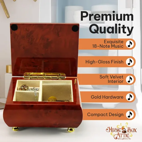 Vista 4 de MusicBoxAttic Joyero de madera con música, sencillez, estilo y sofisticación melódica en caoba maciza, organizador de joyas vintage con reproducción