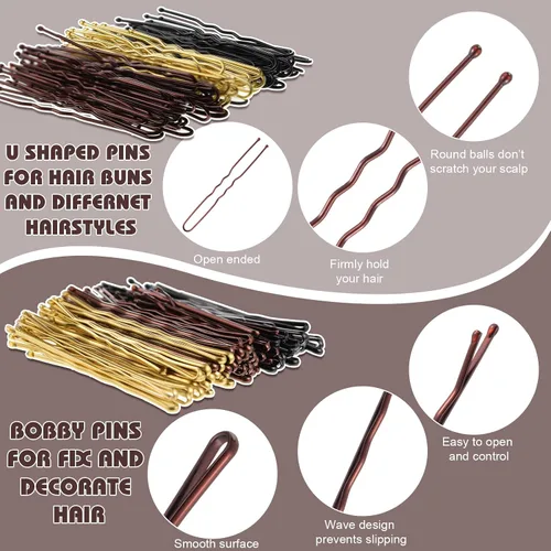Vista 3 de Juego de 480 horquillas para el cabello, horquillas en forma de U para moños, horquillas para el cabello para mujeres, bandas de goma