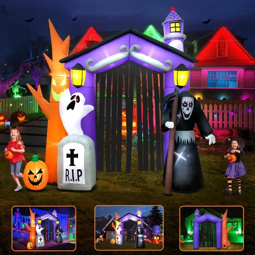 Vista 3 de Inflables de Halloween de 9 pies para decoración de castillo embrujado con luz LED, inflables de Halloween para exteriores, inflables