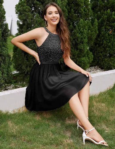 Vista 5 de Dressystar - Vestido corto de fiesta con escote halter para mujer, vestido de graduación de tul y encaje