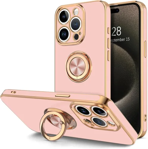 Vista 9 de Hython Funda para iPhone 15 con Soporte de Anillo, Soporte de Anillo Giratorio de 360° Soporte Magnético, Borde Chapado en Oro Rosa Cubierta Suave