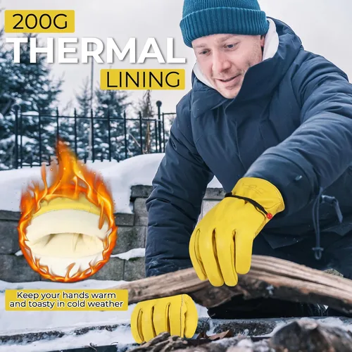 Vista 5 de HANDLANDY Guantes de trabajo de invierno para hombres y mujeres, repelentes al agua, guantes de trabajo de cuero genuino aislados para clima frío