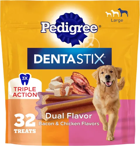 Vista 12 de Pedigree Dentastix - Golosinas para perros de raza grande, sabor a tocino, bolsa de 1.67 libras (32 golosinas) Triple action dental care, reduces