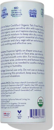 Vista 2 de California Baby Polvo de bebé orgánico certificado sin talco Absorbe la humedad y antirozaduras Polvo de bebé lavanda tamaño viaje 2.5 oz / 71