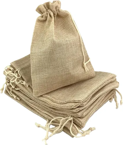 Vista 23 de Palmhomee Paquete de 20 bolsas de regalo de arpillera con cordón, bolsas de joyería de lino, bolsas de yute de boda para joyas y bolsas