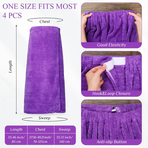 Vista 2 de 4 toallas de spa para mujer, bata de spa con cierre ajustable, parte superior elástica, envolturas ligeras para baño y ducha (morado, rayas)