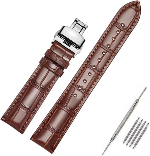 Vista 17 de Moran - Correa de cuero genuino con estampado de cocodrilo y cuero vacuno, hebilla de despliegue de repuesto, correa de reloj de 18 mm a 24 mm