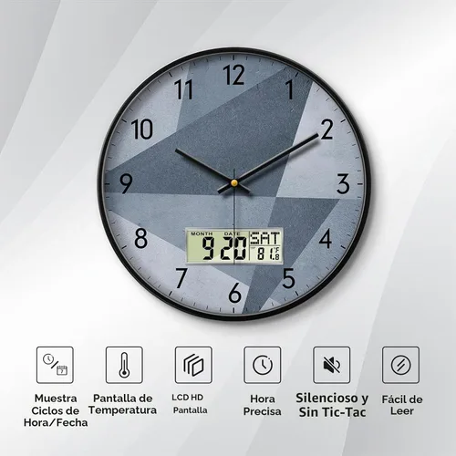 Vista 4 de Reloj de pared industrial SCOAGE con día, semana, temperatura en gris azulado, relojes digitales sin tictac de gran pantalla, relojes de pared