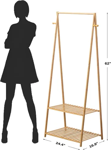 Vista 7 de Perchero de bambú con barra superior para colgar ropa, 2 ganchos laterales y 2 estantes inferiores de dos niveles – Organizador que ahorra espacio