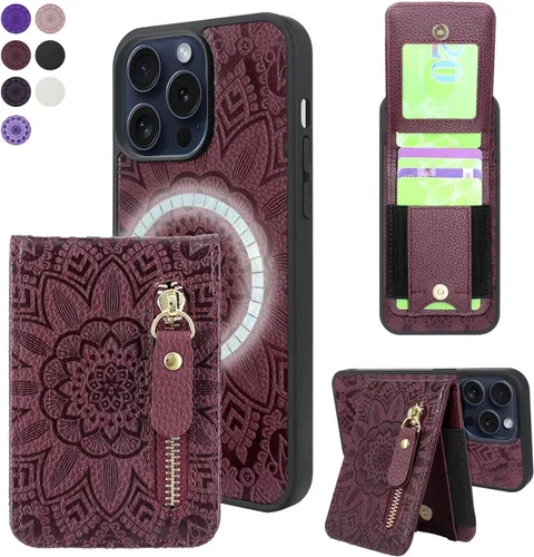 Vista 9 de Harryshell Funda magnética para iPhone 15 Pro compatible con carga inalámbrica MagSafe y MagSafe con bolsillo con cremallera para montaje