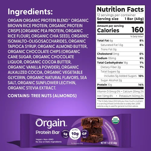 Vista 2 de Orgain Barras de proteína vegana orgánica, brownie de chocolate, 0.35 onzas