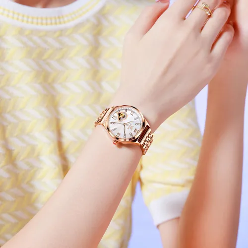 Vista 6 de OLEVS Reloj mecánico automático para mujer, correa de cuero, cuerda automática, reloj de pulsera para mujer, esfera de corazón de diamante