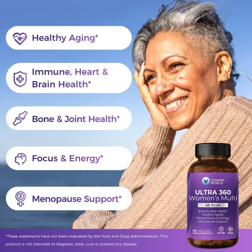 Vista 4 de Vitamin World Ultra 360 Multivitamínico para mujeres 50 Plus, multivitamínico para mujeres 50+ con minerales y hierbas para apoyo a la menopausia