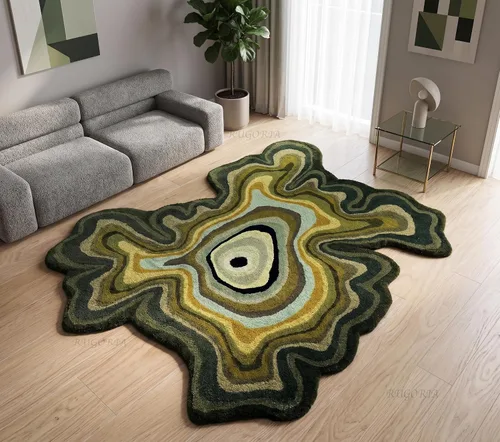 Vista 11 de Alfombra de lana hecha a mano con forma irregular de Restauración y Renovación Alfombra moderna de rayas coloridas de primera calidad perfecta