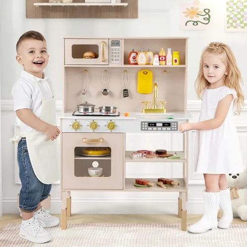 Vista 7 de Costzon Cocina de Juego para Niños, Juego de Cocina Ajustable en Altura con Luces y Sonidos Reales, Microondas, Horno, Estufas, Fregadero y Grifo