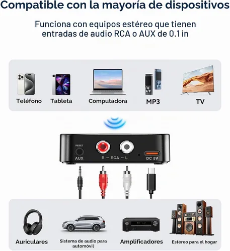 Vista 2 de Adaptador Bluetooth 6.0 a RCA para receptor estéreo, receptor Bluetooth de baja latencia de largo alcance para el hogar, adaptador de audio