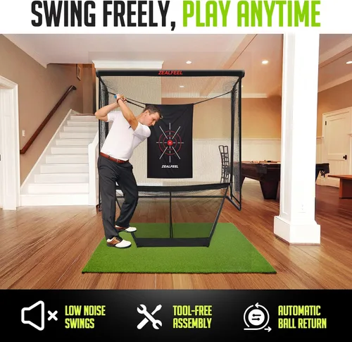Vista 6 de Zealfeel Golf Net, Golf Simulator Enclosure Net with Side Barriers & Auto-Ball Return, Low-Noise Silk Target, Carry Bag, 2 Sand Bags, 4 Stakes