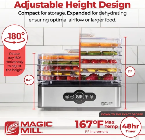 Vista 3 de Magic Mill Máquina deshidratadora de alimentos 5 bandejas apilables de acero inoxidable, temporizador ajustable digital de 48 horas y control