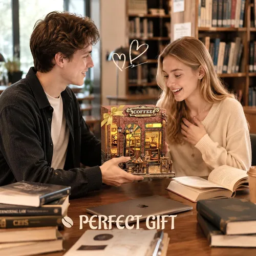 Vista 7 de Kit de rincón de libros, casa en miniatura con luces LED, rompecabezas de madera 3D para adultos, kit de construcción de mini casa de muñecas