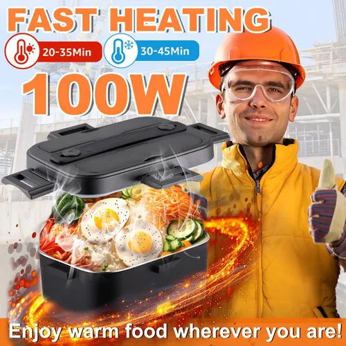 Vista 2 de Fiambrera eléctrica, calentador de alimentos de 100 W, lonchera térmica rápida para adultos, lonchera de calefacción portátil de 1.8 L, 12/24 V/110