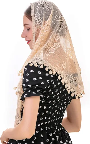 Vista 2 de Triángulo Flor Capilla Velos Católico Latino Masa Cabeza Cubierto de Encaje Bufanda Mantilla Velos para Iglesia