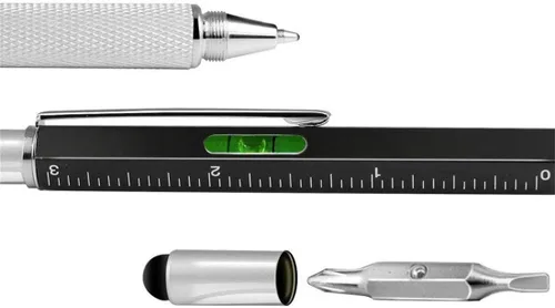 Vista 4 de Bolígrafo multifunción Tech-Tool con recambios de tinta, herramienta 6 en 1 con bolígrafo, lápiz táctil para pantalla, regla, nivel de burbuja Plata