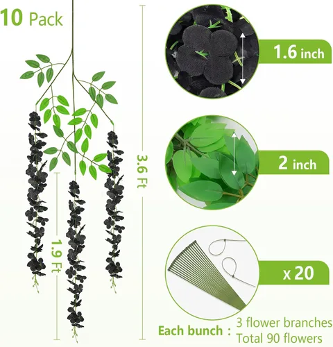 Vista 2 de BLEUM CADE 10 Piezas Flores Colgantes de Glicina Falsa Negra, 3.6 Pies/Pieza Guirnalda de Glicina Artificial, Flores Colgantes para Boda Fiesta