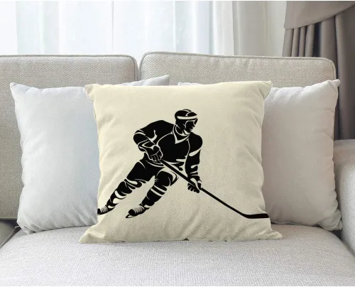 Vista 2 de Funda de almohada para jugador de hockey, silueta negra, popular juego deportivo, diseño moderno, divertido, cuadrado, funda de cojín para el hogar
