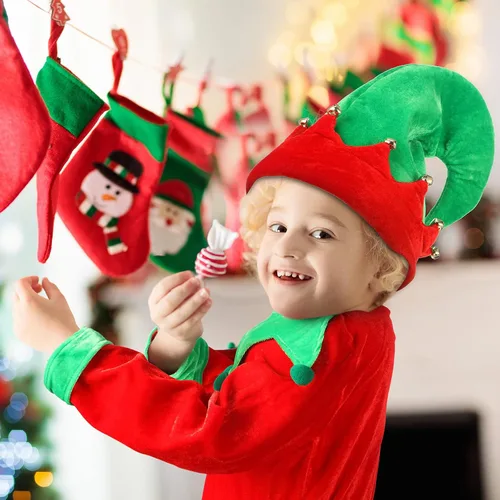 Vista 4 de Hicarer Kids Christmas Elf Costume Set Elf Dress up Santa's Helper Costume Xmas Suit with Elf Hat Shoes Gold Buckle Belt