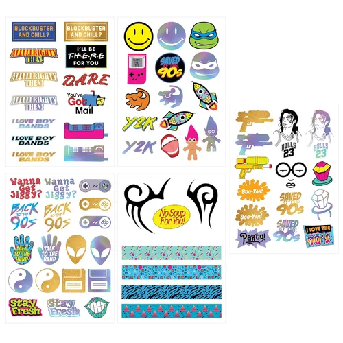 Vista 6 de Tatuajes temporales con temática de los años 90, 5 hojas, divertidos recuerdos de fiesta de los años 90, decoraciones y suministros
