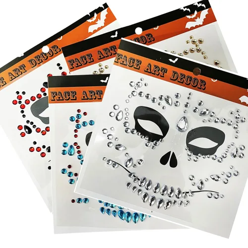 Vista 4 de Paquete de 4 gemas faciales del Día de la Muerte, tatuajes faciales temporales de Halloween, calcomanías de diamantes de imitación para la cara