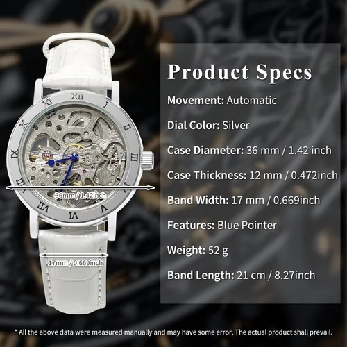 Vista 8 de Relojes para mujer, reloj mecánico automático de cuerda automática para mujer, reloj de pulsera Steampunk con correa de reloj de cuero genuino