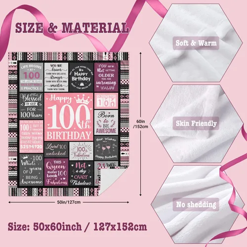 Vista 6 de Ivivis Regalos de 100º Cumpleaños para Mujeres Manta 60"x50", Suministros de Decoraciones para Fiesta de 100º Cumpleaños, Regalos de Feliz 100º