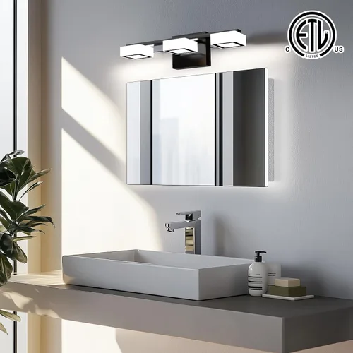 Vista 2 de Lámparas LED modernas para baño, 3 luces regulables con 5 modos de color, accesorios de iluminación de pared de baño acrílico negro mate sobre