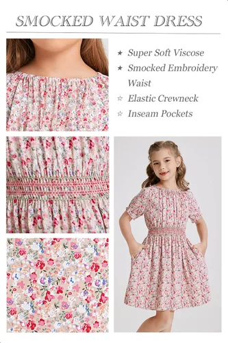 Vista 3 de Vestido floral con cintura fruncida para niñas, ropa de juego para la iglesia, vacaciones, vestido midi suave con bolsillos