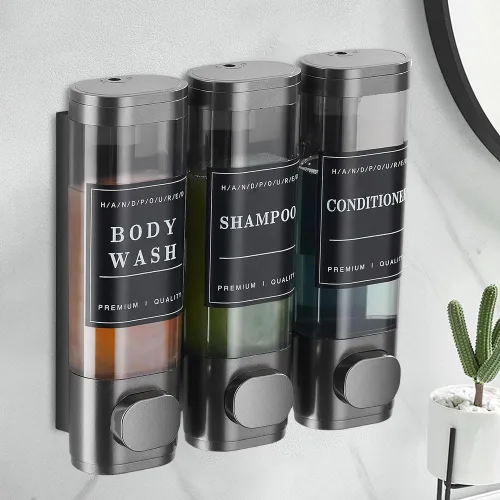 Vista 2 de Shampoo and Conditioner Dispenser 3 Chamber Shower Dispenser No Drill Gray