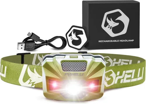 Vista 12 de Foxelli Linterna frontal LED recargable USB‑C – Ultraligero 2.4 oz y brillante 180 lúmenes – Luz roja/blanca, 5 modos, IPX5 impermeable, 40 horas